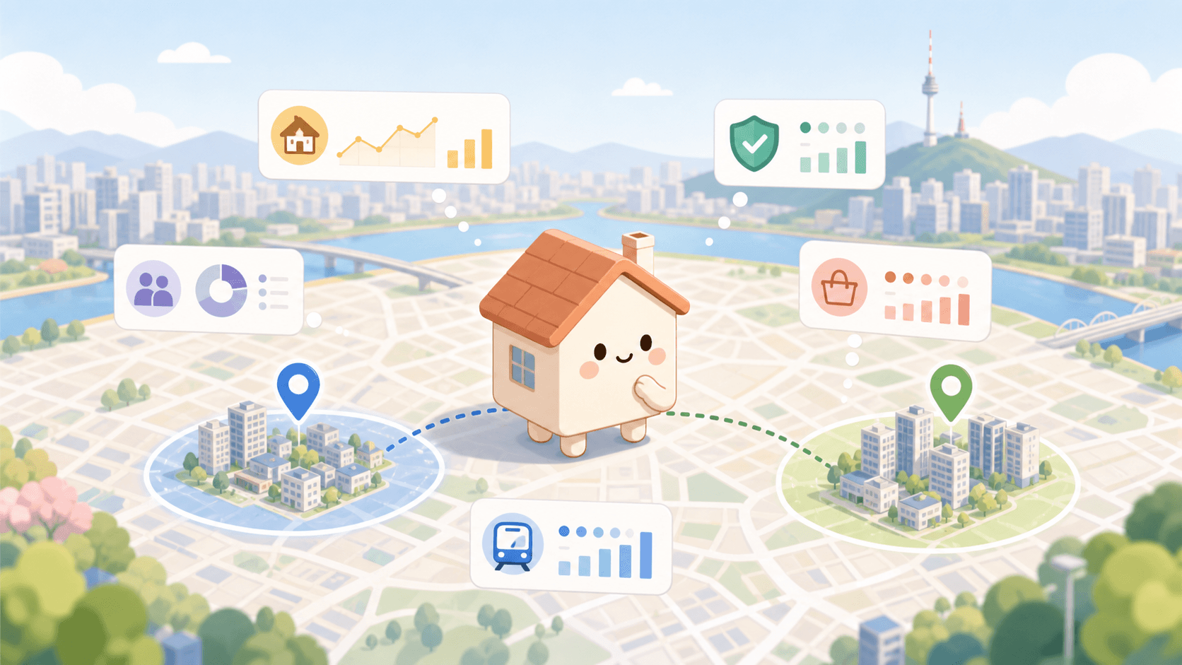 서울 지도 위에서 두 후보 지역의 생활 데이터를 비교하는 SweetHome 집 캐릭터